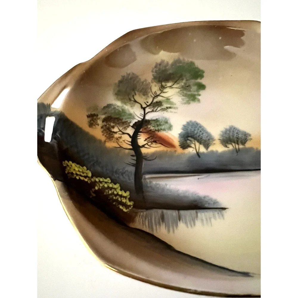 Noritake Vintage Bowl Handpainted Made in Japan Landscape Trees Water Green